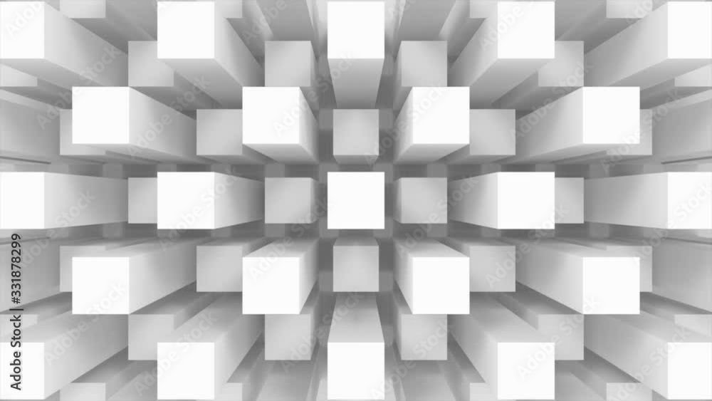 Aufkleber loopable up and down in aerial view of white cube box stack wall motion design footage background.