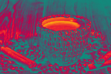 Pop Art. Coffee Cup Table Wood Grain coffee Side view Cinnamon stick Close-up Pop Art. Natural arabica coffee beans close-up macro in pop art style in red turquoise colors.