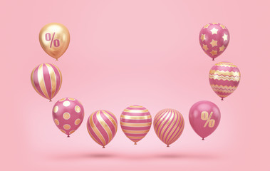 Balloons pink with gold on a pink background. 3d render illustration.