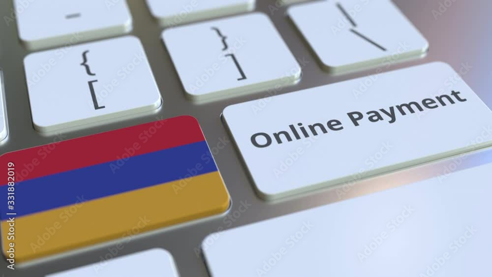 Poster online payment text and flag of armenia on the keyboard. modern finance related conceptual 3d animat