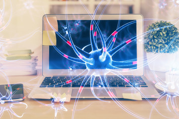 Desktop computer background and neuron drawing. Double exposure. Education concept.