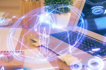 Desktop computer background and education theme drawing. Double exposure. Study concept.