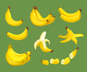 bananas food. exotic tropical healthy fresh products delicious organic kitchen ingredients for juice. vector cartoon set
