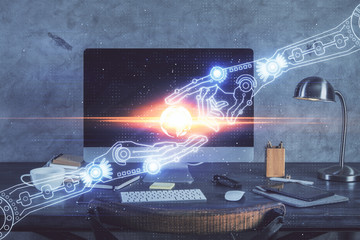 Technology theme drawing and table with computer. Double exposure. Concept of information.