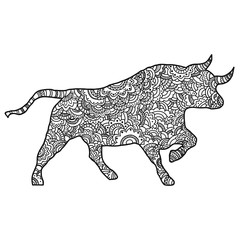 Vector boho bull for coloring book for both adult and children, T - Shirt graphic, poster and other decorations
