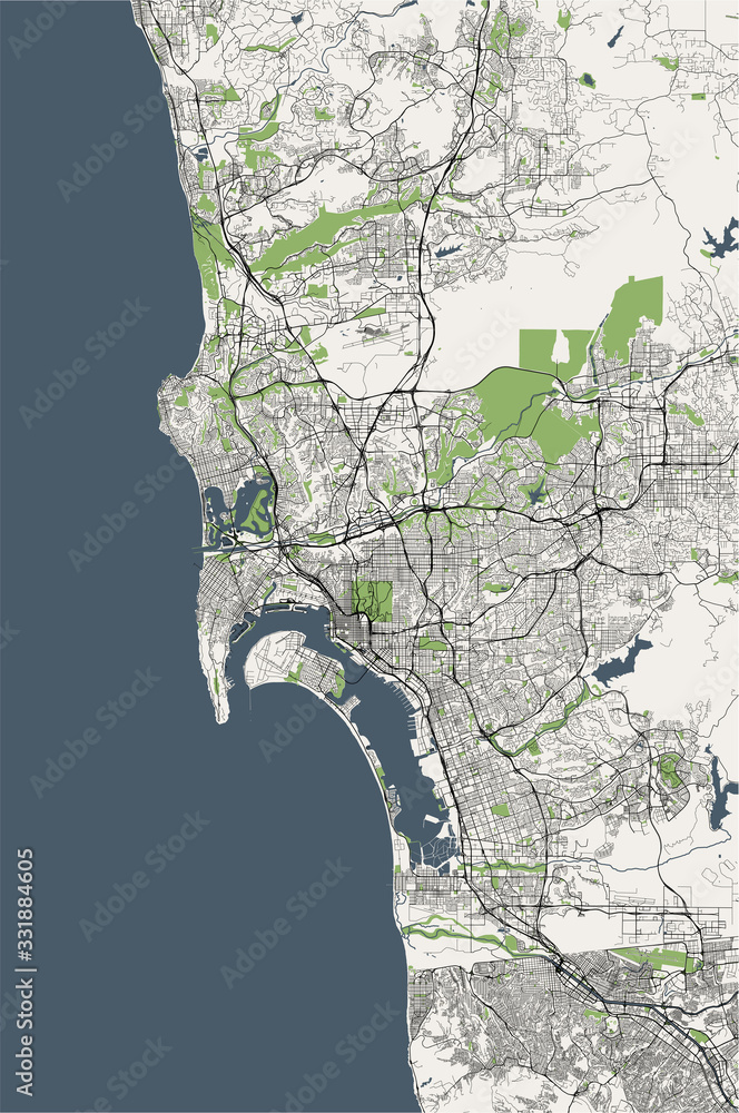 Wall mural map of the city of San Diego, California, USA