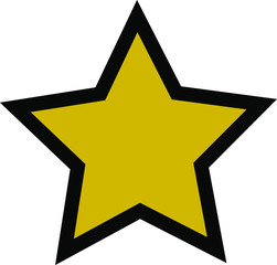 Gold star vector icon with black outline and white background