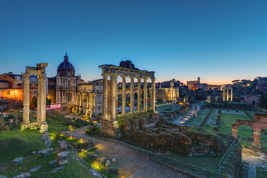 The famous ruins of the Roman Forum in Rome at dawn