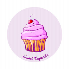 llustration of isolated cupcake on white striped background. Vector cupcake. Sweets design.