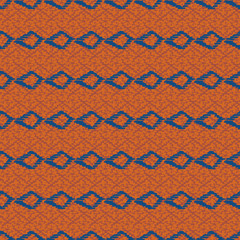 Ethnic abstract geometric horizontal stripes seamless vector pattern with classic blue diamond shapes on a rust background. Unisex surface print design. Great for fabrics, stationery and packaging.