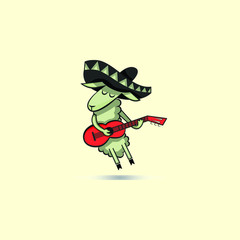 Cute cartoon romantic flying ram with closed eyes in a mexican hat and with a mexican guitar in hand