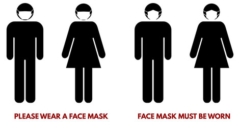 Please wear face nose mouth mask sign. Man and woman silhouette with piece of cloth over their faces. Symbol can be used during coronavirus or covid outbreak - obrazy, fototapety, plakaty