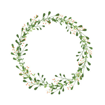 Spring wreath with branches, green leaves and orange berries. Elegant border for invitation design, greeting cards, label, tag. Floral frame as delicate decorative element. Vector illustration