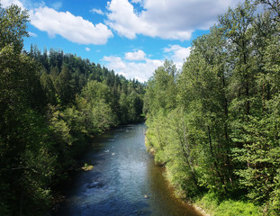 Fabulous aerial photography of Flaming Geyser State Park and the Green River on a partly cloudy summer day in Auburn Washington State