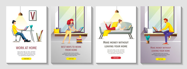 Set of banners with people working or learning at home. Freelance, work at home, online job, home office, e-learning concept. A4 Vector illustrations for poster, banner, cover, flyer.