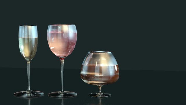 3d animation of cognac, wine, red wine, martini glass lemon slice in row on dark background