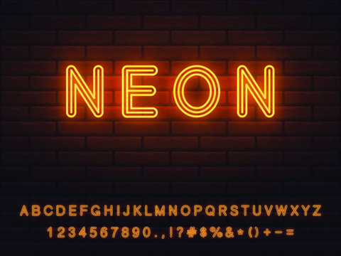 bold orange editable color neon font set. collection of letters numerals signs icons symbols