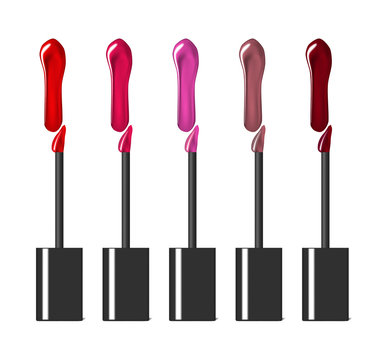 Lip Gloss Or Liquid Lipstick Makeup Brush With Smears Color Shade Palette Isolated On White Background, Vector Illustration