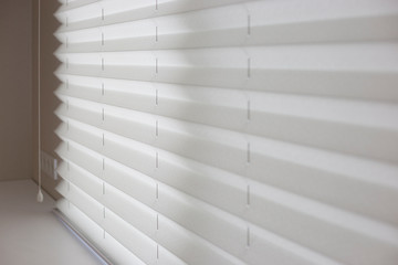 Plakat Pleated shades size XL, Coulisse, 50mm fold, close up on the window, white color, white background. Modern pleated blinds, luxury sun protection and window decoration.