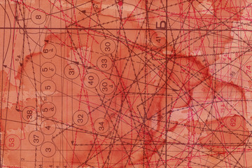 Vintage and old looking fabric blueprint background. Tea and coffee splashes on retro texture. Grunge paper with drawing. Dirty fashion scheme.