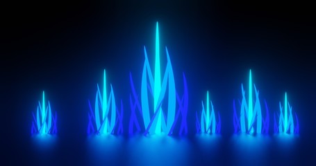 3D Illustration Standing Blue Crystal with lighting effect and artistic geometrical formation at dark background.