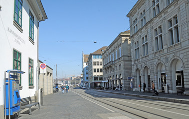 Zürich's old town in times of Corona-Virus log down with closed shops, bars, restaurants and cinemas at Liimmatquai