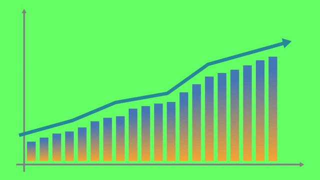 Financial growth chart with trend line graph. Growth bar chart of economy. Vector illustration isolated on green background.
