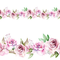 vintage hand drawn watercolor pattern pink roses flowers, leaves in the garden on seamless ribbon white background for use in design, textiles, wallpaper, stationery, scrapbooking, duct tape, braid