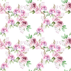 Fototapeta na wymiar vintage hand drawn watercolor drawing pink roses flowers, leaves in the garden on a seamless white background for use in design, textiles, wallpaper, wrapping paper, stationery, scrapbooking
