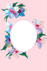 Beautiful pink orchid card with blank space for text. Botanical wedding invitation card template design