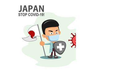 Person holding nation flag and shield fighting coronavirus pandemic or coronavirus outbreake 2019 COVID-19. Vector illustration against corona covid-19 virus. Scalable and editable vector.