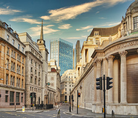 Fototapeta na wymiar View of deserted Lothbury Street in London banking district as it might look while a curfew through Covid-19.
