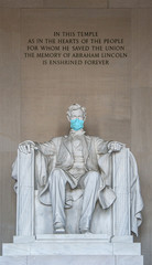 Abraham Lincoln Memorial with a surgical face mask as a symbol of the coronavirus global outbreak