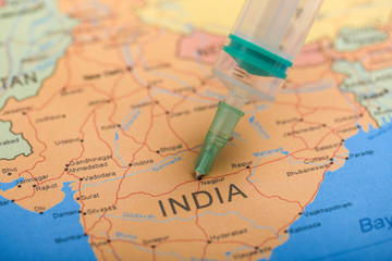 Fototapeta na wymiar corona virus concept , Indian map marked with syringe