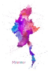 Watercolor map of Myanmar. Stylized image with spots and splashes of paint