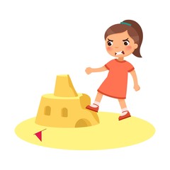 Angry little girl destroying sandcastle flat vector illustration. Little kid breaking beach fortress cartoon character. Cruel child ruining sand tower isolated on white background. Violence concept