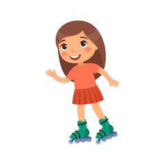Cute girl  roller skating flat vector illustration. Little girl using rollerskate cartoon character. Kid with self balancing isolated on white. Sport and recreation