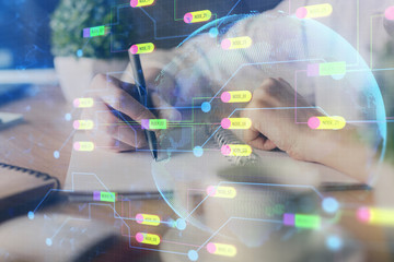 Double exposure of woman's hands on background with technology and digital coding icons. Data development concept. Close up.