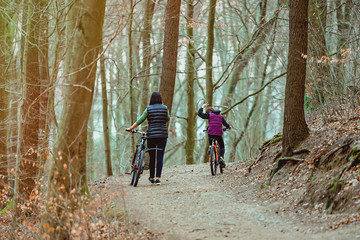 Family holiday. Bicycle walk in the forest with children