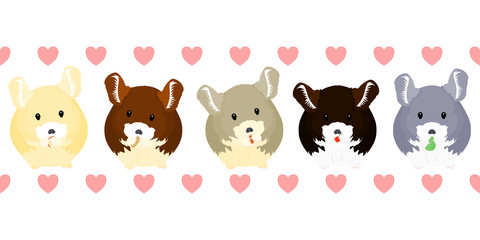 Naklejka premium Cute cartoon mouse or small rodent eating seamless pattern background and borders with heart. Hand drawn chinchilla eating frame border seamless pattern. Great for children's book, wallpaper, sticker.