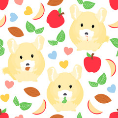 Cute cartoon mouse or small rodent eating seamless pattern background. Hand drawn happy chinchilla eating leaf, almond and apple background with colorful heart. Great for wallpaper, card, textile