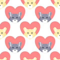 Cute cartoon mouse or small rodent in heart seamless pattern background. Hand drawn violet and beige chinchilla pattern. Childish vector illustration. Great for wallpaper, sticker, valentine's day