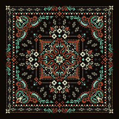 Vector ornament Bandana Print. Traditional ornamental ethnic pattern with paisley and flowers. Silk neck scarf or kerchief square pattern design style, best motive for print on fabric or papper. - 331892267