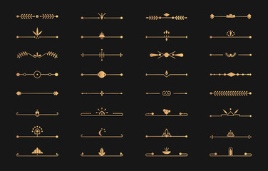 Divider golden line border set on black. Graphic gold metallic decorative element for design book page, text wedding invitation, card, menu retro, art deco, elegant decor. Isolated vector illustration