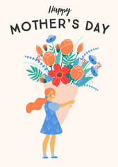 Happy Mothers Day. Vector illustration of girl with big bouquet of flowers.