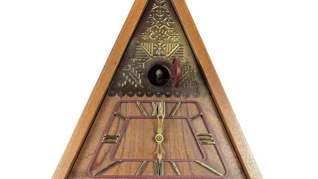 Old Mechanical Clock With A Cuckoo On A White Background.