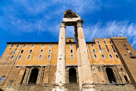 Worm's eyeviewat the empty Tabularium at Roman Forum, Rome, Italy. 