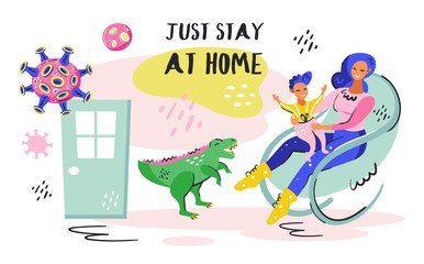 Just stay at home. Young smiling girl with little kid on the chair. Green dino. Coronavirus pandemic self isolation, protection. Flat colourful vector illustration icon sticker isolated on background