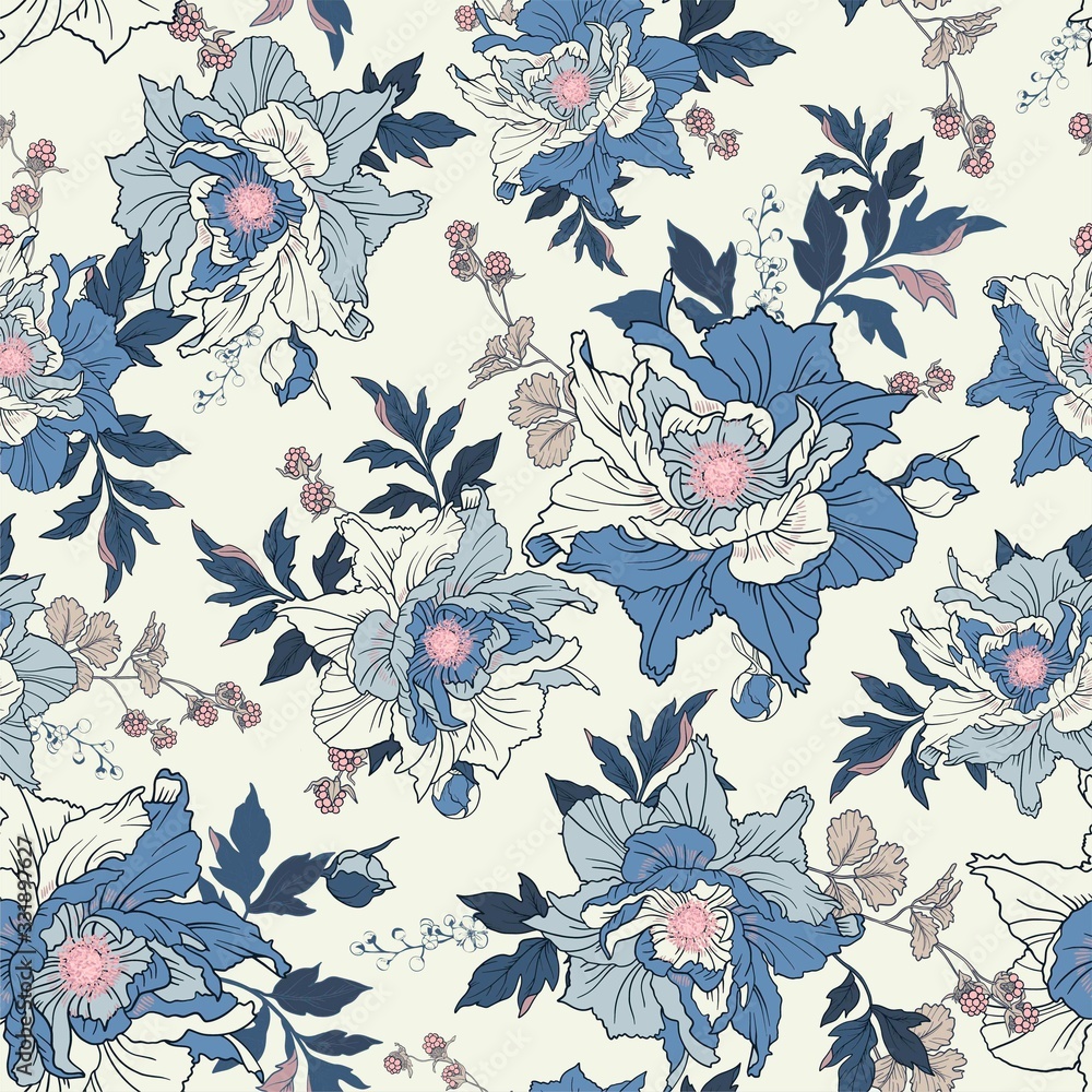Poster seamless elegant pattern with peonies, branches for surface design