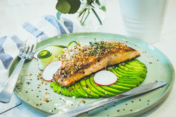 Sous vide miso salmon and avocado served with quinoa edamame salad
